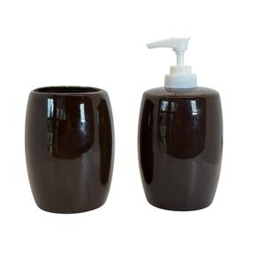 VTG Brown Ceramic Bathroom Set Soap Pump &  Toothbrush Holder Retro Grandma Core